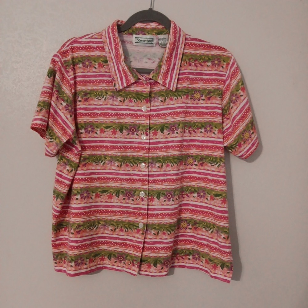 Shenanigans Button-up Top Women's Sz. L Pink &‎  Green Floral Striped Print